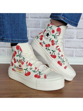 ⭐Converse Ctas Lift Platform Cherries Sz 9 Women Shoes Egret Red Sneaker A08096C